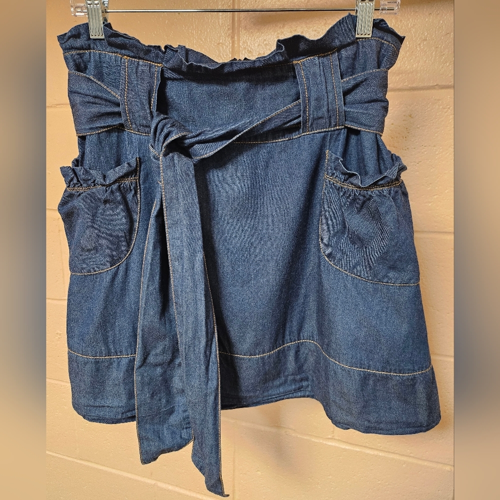Blue Paper Bag Style Denim Skirt